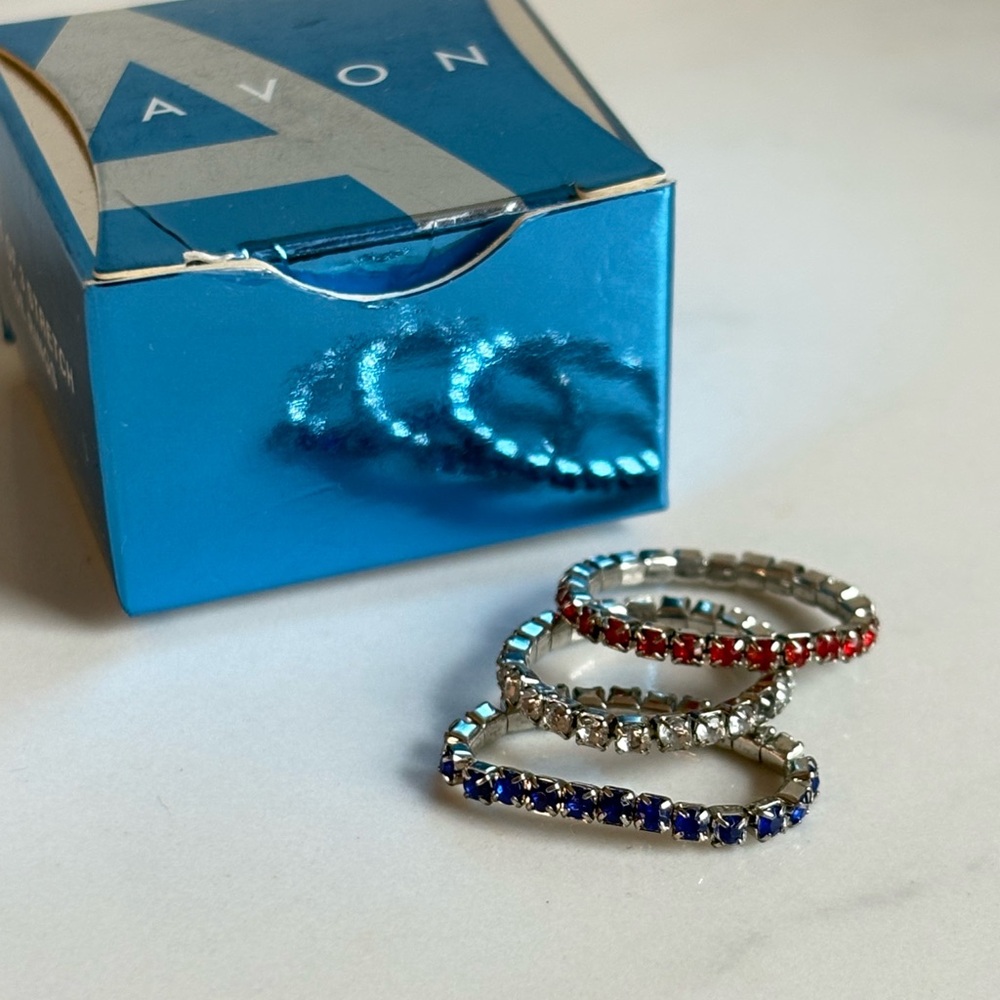 Vintage Avon Eternal Rhinestone Stretchy Toe Ring Set NIB | Blue Red and Silver